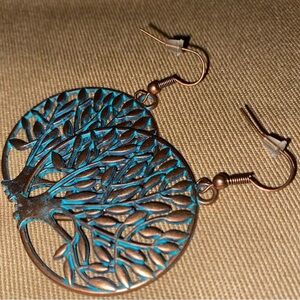 FOLK ART INSPIRED EARRINGS Tree of Life Copper Turquoise Colored Round Design